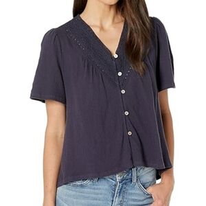 Lucky Brand Blouse Navy Blue Sz: S Button Front Hi Low Hem Crochet Detail Boho